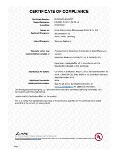 Certificate of Compliance (UL) - MemoRail Modbus A 1405 N