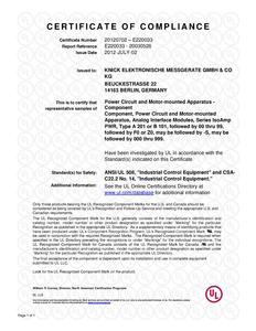Certificate of Compliance (UL) - IsoAmp PWR A 20100