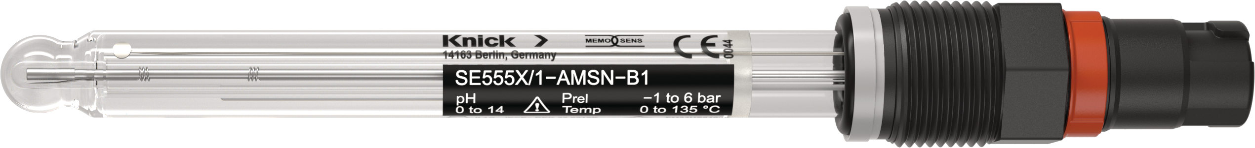 Side view of glass electrode for pH/ORP measurement SE555X/*-AMSN-B1 with Memosens