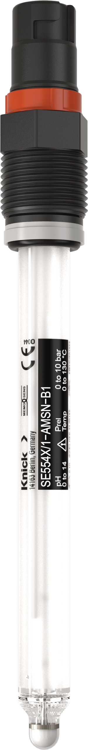 Side view of glass electrode for pH/ORP measurement SE554X/*-AMSN-B1 with Memosens