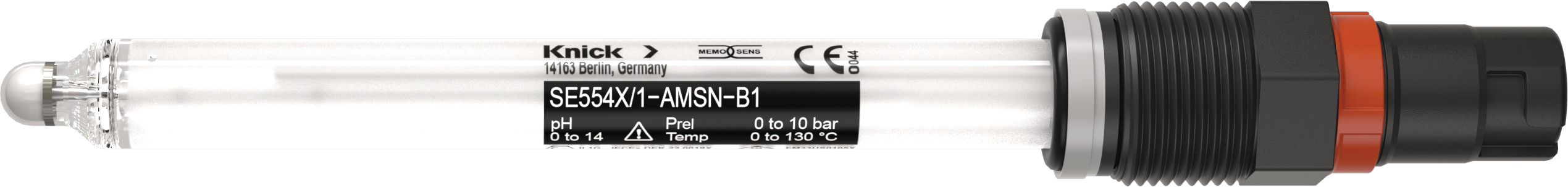 Side view of glass electrode for pH/ORP measurement SE554X/*-AMSN-B1 with Memosens