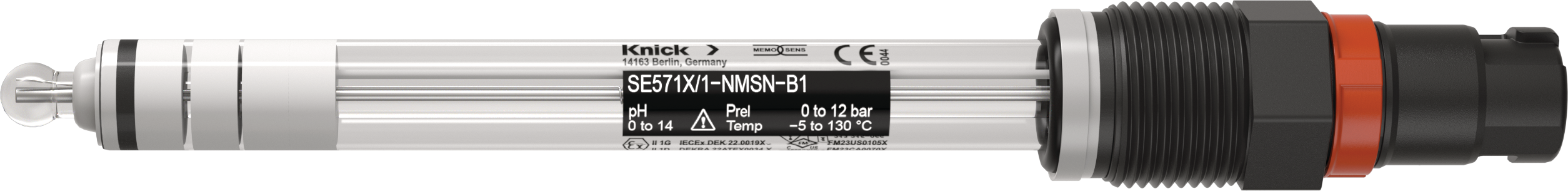 Side view of glass electrode for pH measurement SE571X/*-NMSN-B1 with Memosens