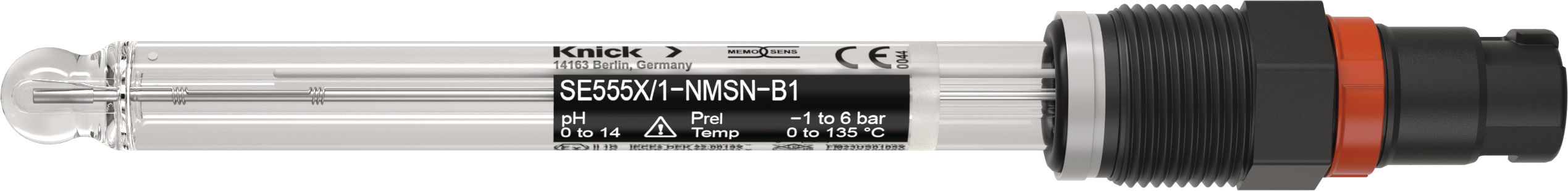 Side view of glass electrode for pH measurement SE555X/*-NMSN-B1 with Memosens