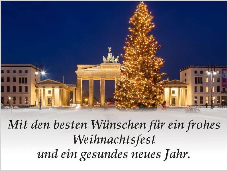 Das Brandenburger Tor in Berlin gegen den dunkelblauen Nachthimmel erleuchtet mit einem großen Weihnachtsbaum davor